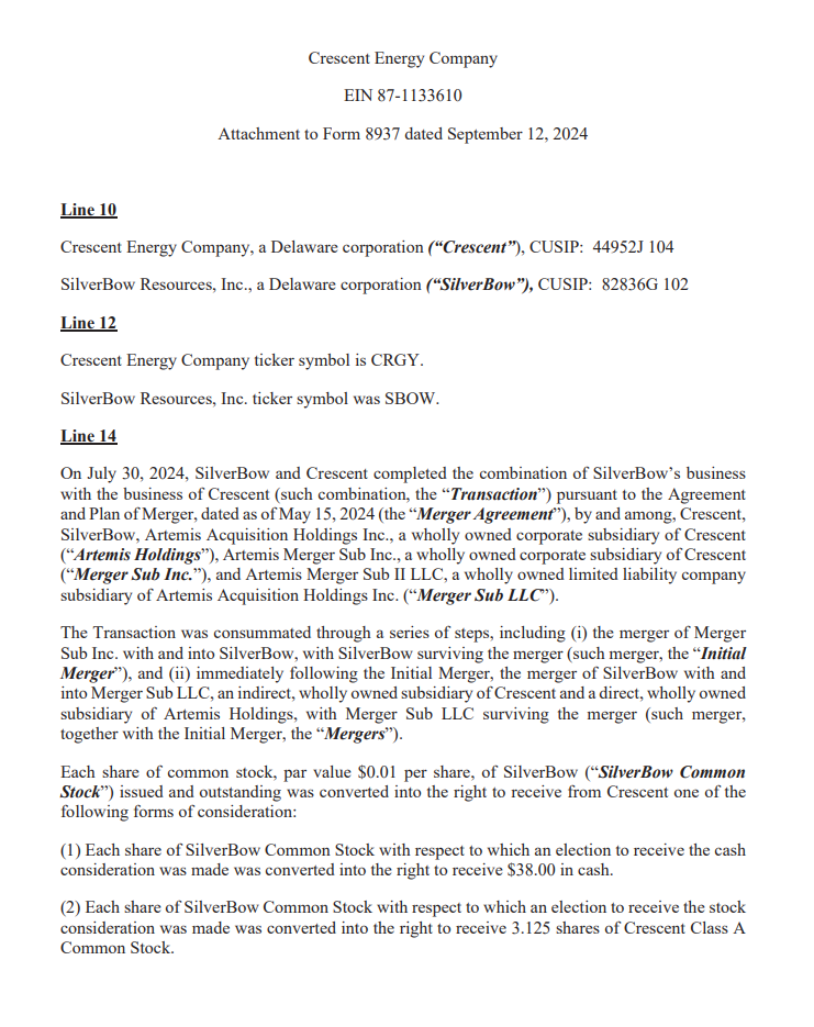 Thumbnail Crescent / SilverBow Transaction – Attachment to Form 8937