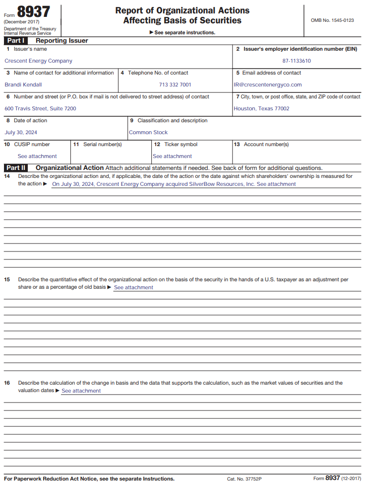Thumbnail Crescent / SilverBow Transaction – Form 8937